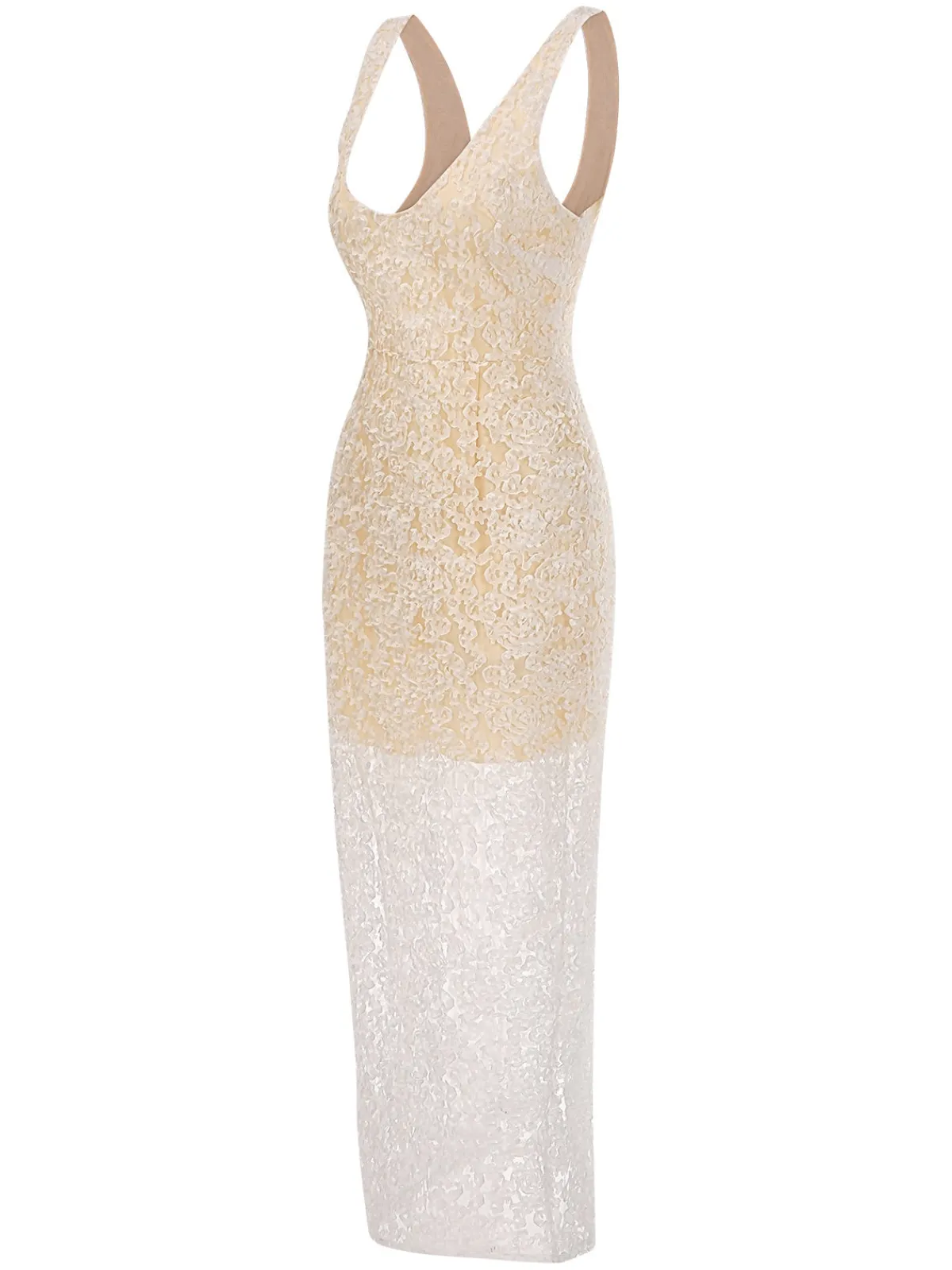 Best Retro Stage 1970s Scoop Neck Textured Maxi Dress Beige