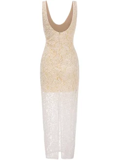 Best Retro Stage 1970s Scoop Neck Textured Maxi Dress Beige