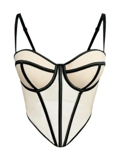 Clearance Retro Stage 1980s Sheer Steampunk Herringbone Corset Beige