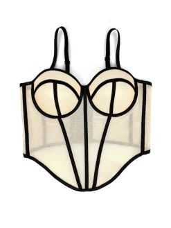 Clearance Retro Stage 1980s Sheer Steampunk Herringbone Corset Beige