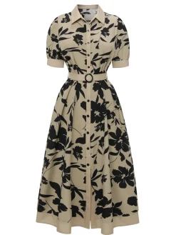 Sale Retro Stage 1940s Shirt-Collar Buttons Floral Printed Dress Beige