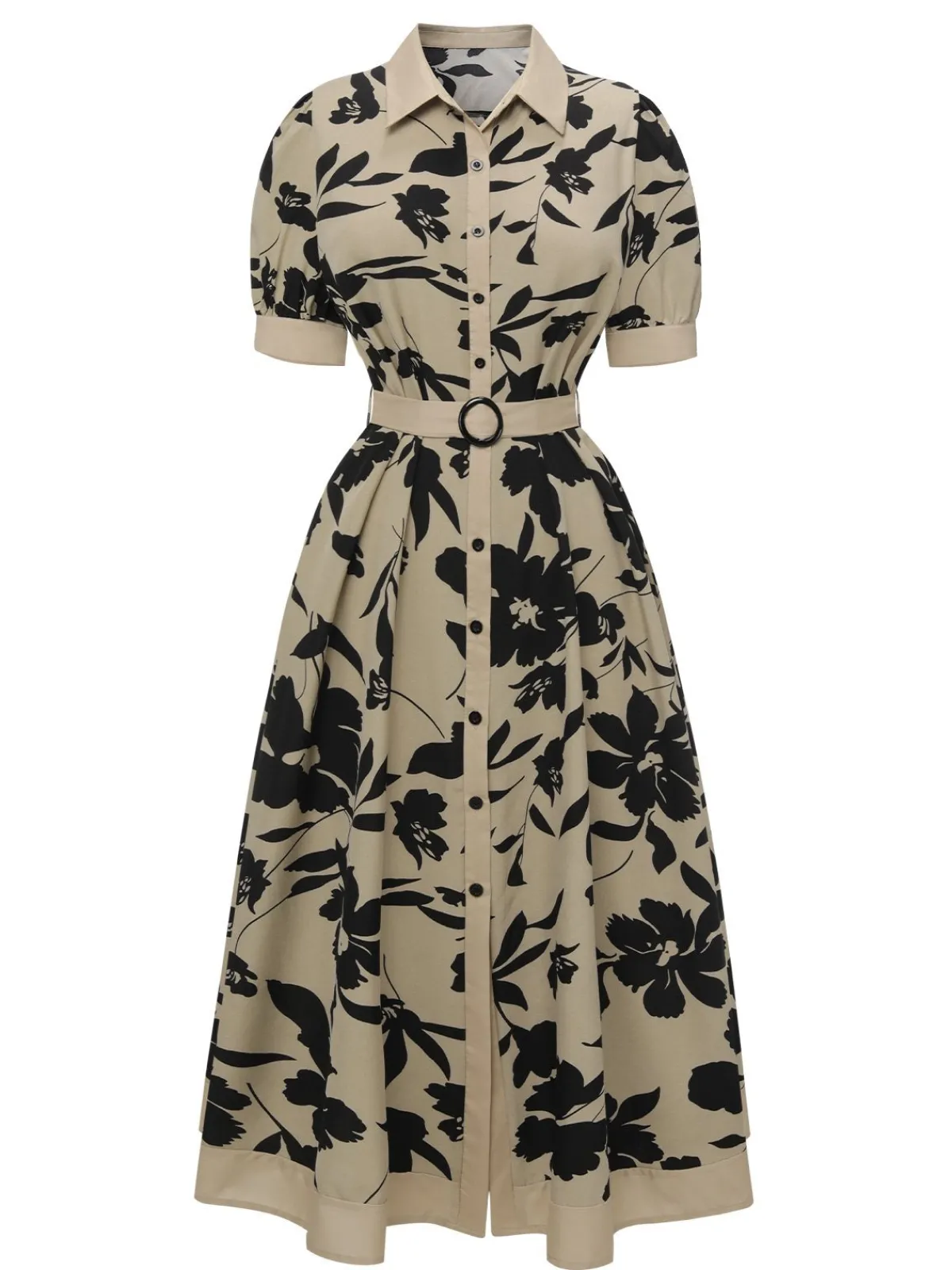 Sale Retro Stage 1940s Shirt-Collar Buttons Floral Printed Dress Beige