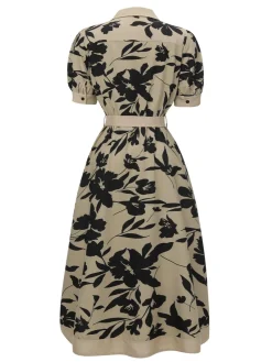 Sale Retro Stage 1940s Shirt-Collar Buttons Floral Printed Dress Beige