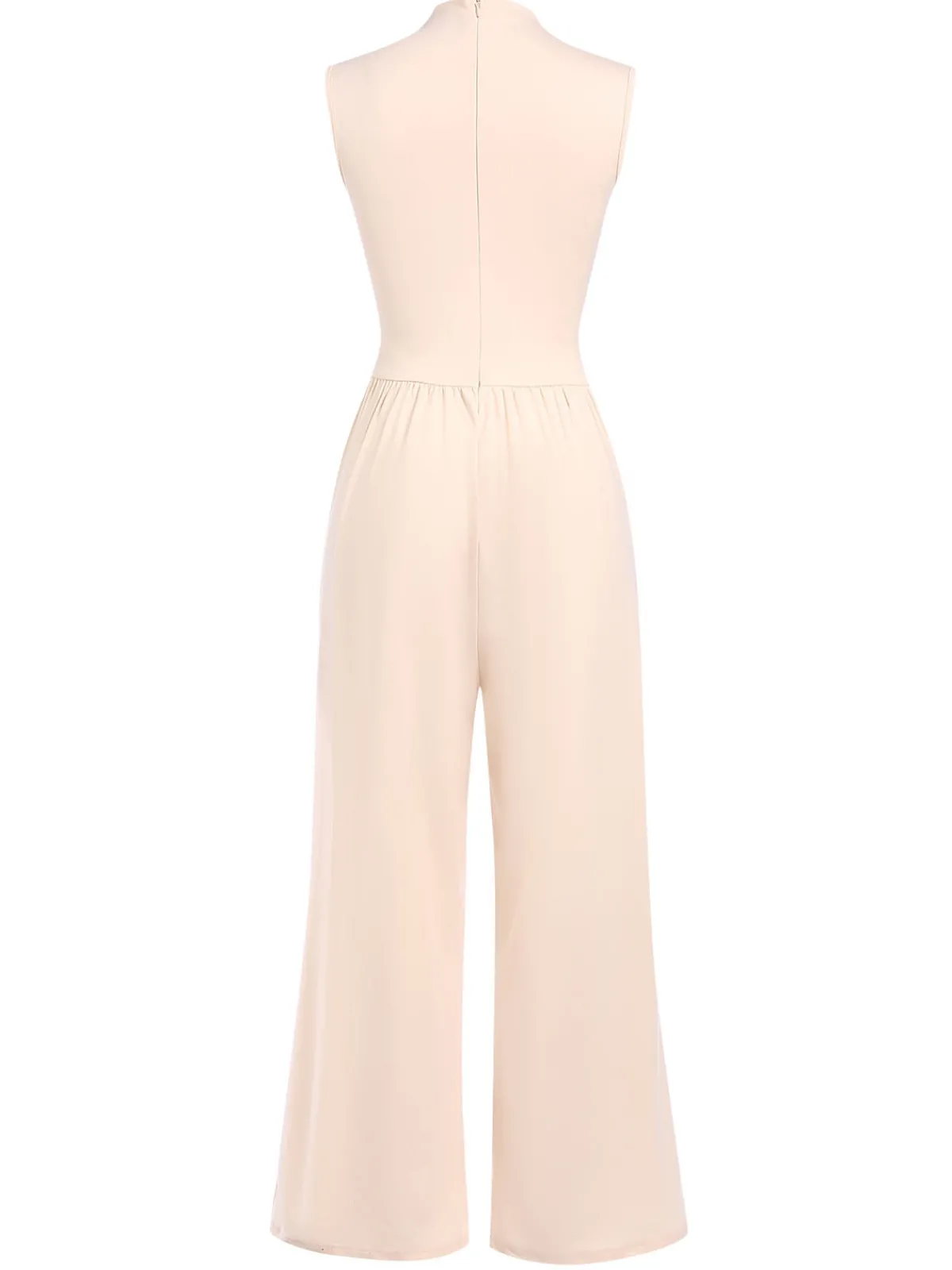 Clearance Retro Stage 1940s Solid High Neck Jumpsuit Beige