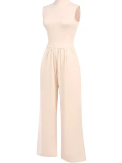 Clearance Retro Stage 1940s Solid High Neck Jumpsuit Beige