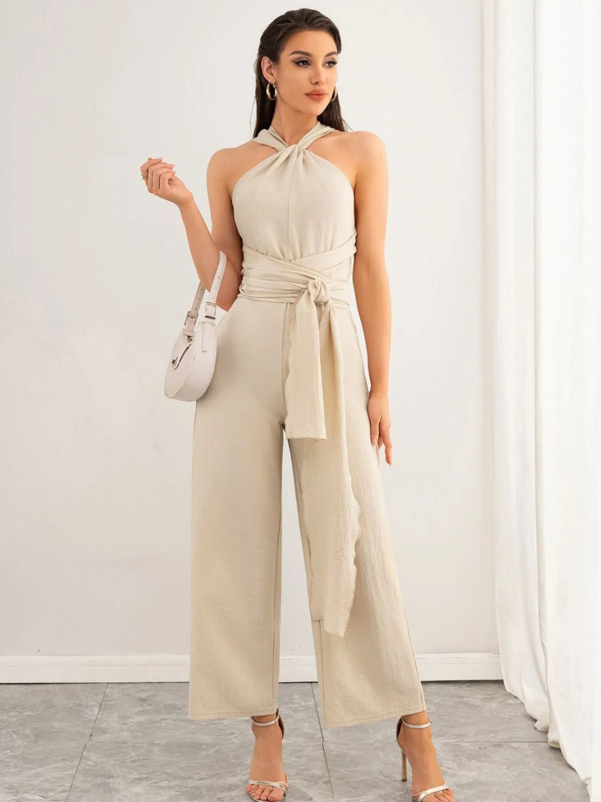 Best Retro Stage 1950s Solid Lace-Up Halter Belted Jumpsuit Beige