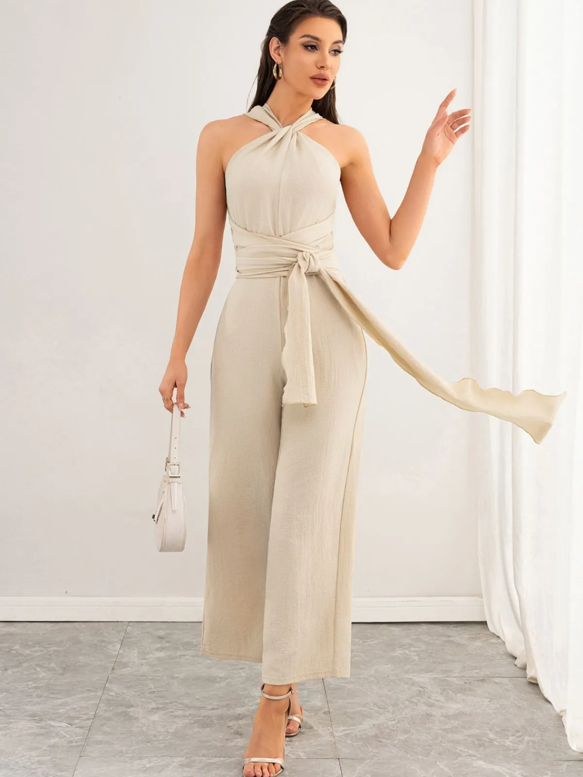 Best Retro Stage 1950s Solid Lace-Up Halter Belted Jumpsuit Beige