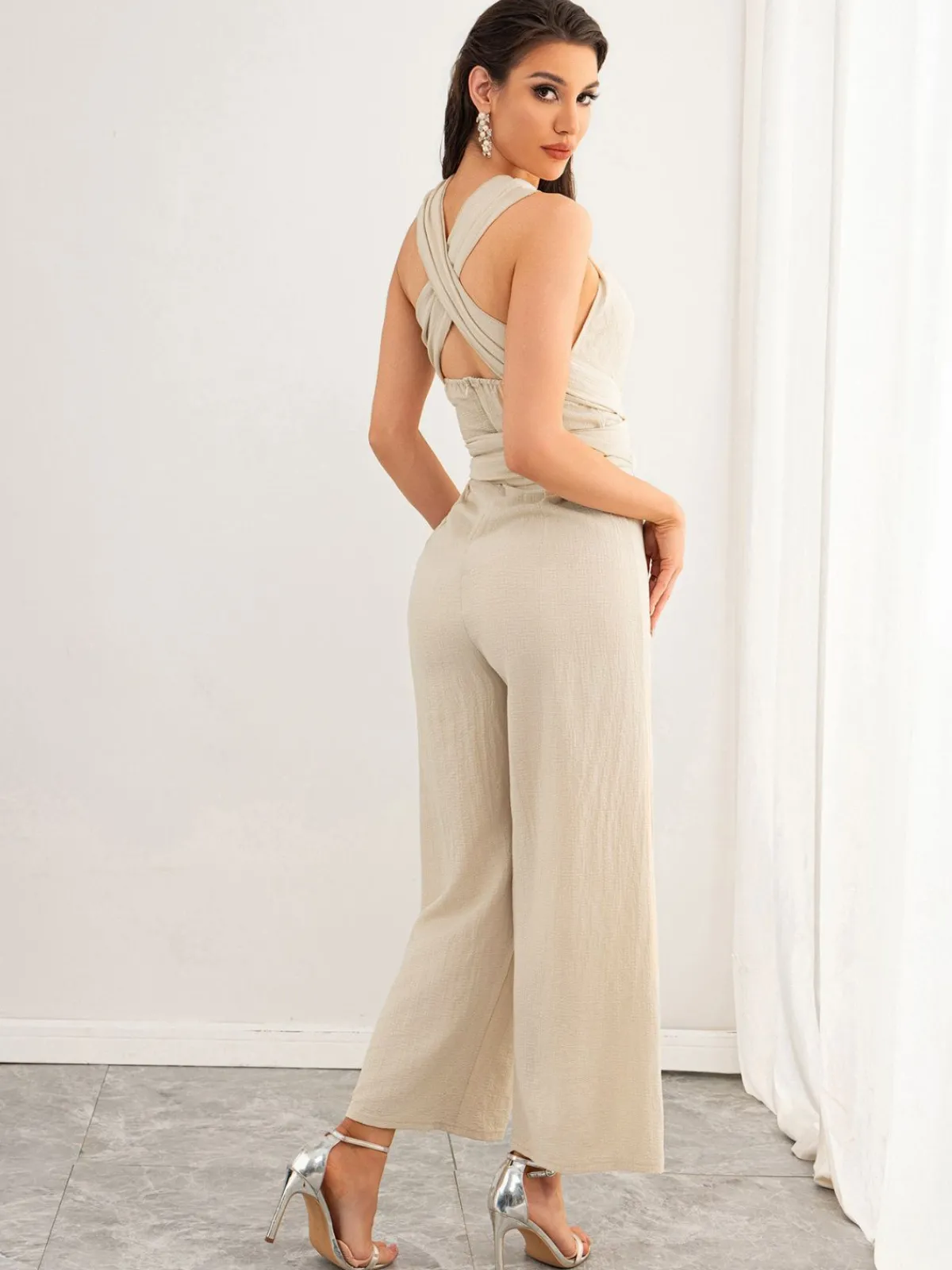 Best Retro Stage 1950s Solid Lace-Up Halter Belted Jumpsuit Beige
