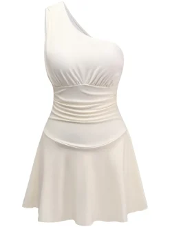 Online Retro Stage 1940s Solid One-Shoulder Ruched Swim Dress Beige