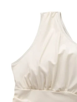 Online Retro Stage 1940s Solid One-Shoulder Ruched Swim Dress Beige