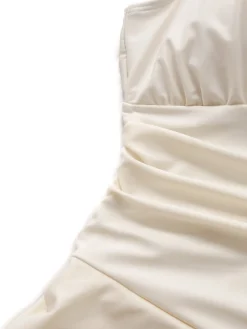 Online Retro Stage 1940s Solid One-Shoulder Ruched Swim Dress Beige