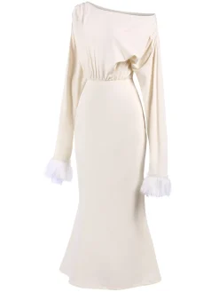 Sale Retro Stage 1930s Solid Plush Cuff Mermaid Dress Beige