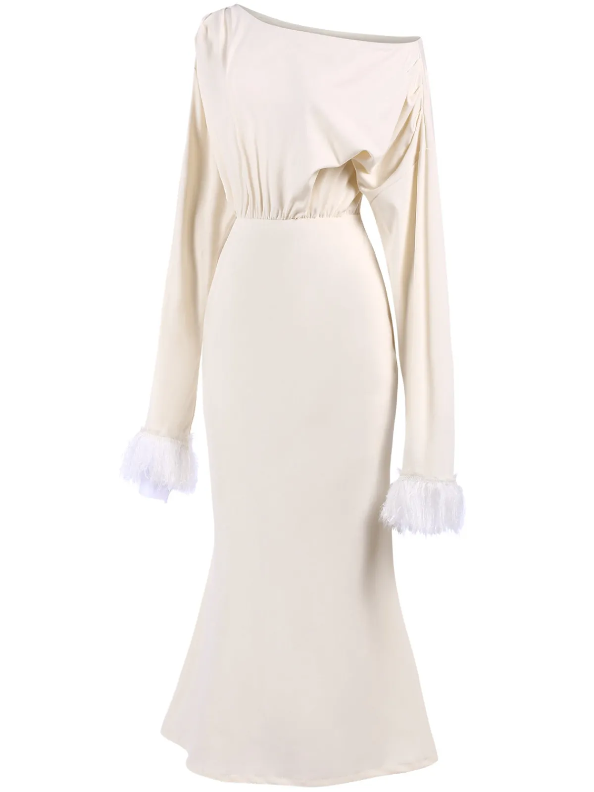 Sale Retro Stage 1930s Solid Plush Cuff Mermaid Dress Beige
