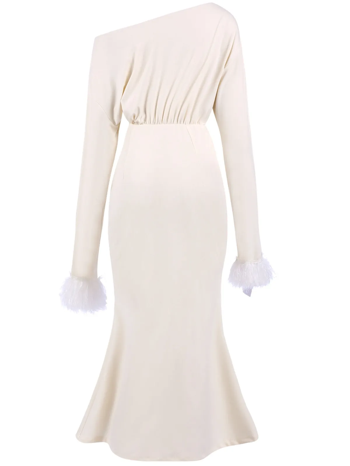 Sale Retro Stage 1930s Solid Plush Cuff Mermaid Dress Beige