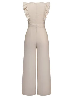 Outlet Retro Stage 1950s Solid Ruffled Cap Sleeves Jumpsuit Beige