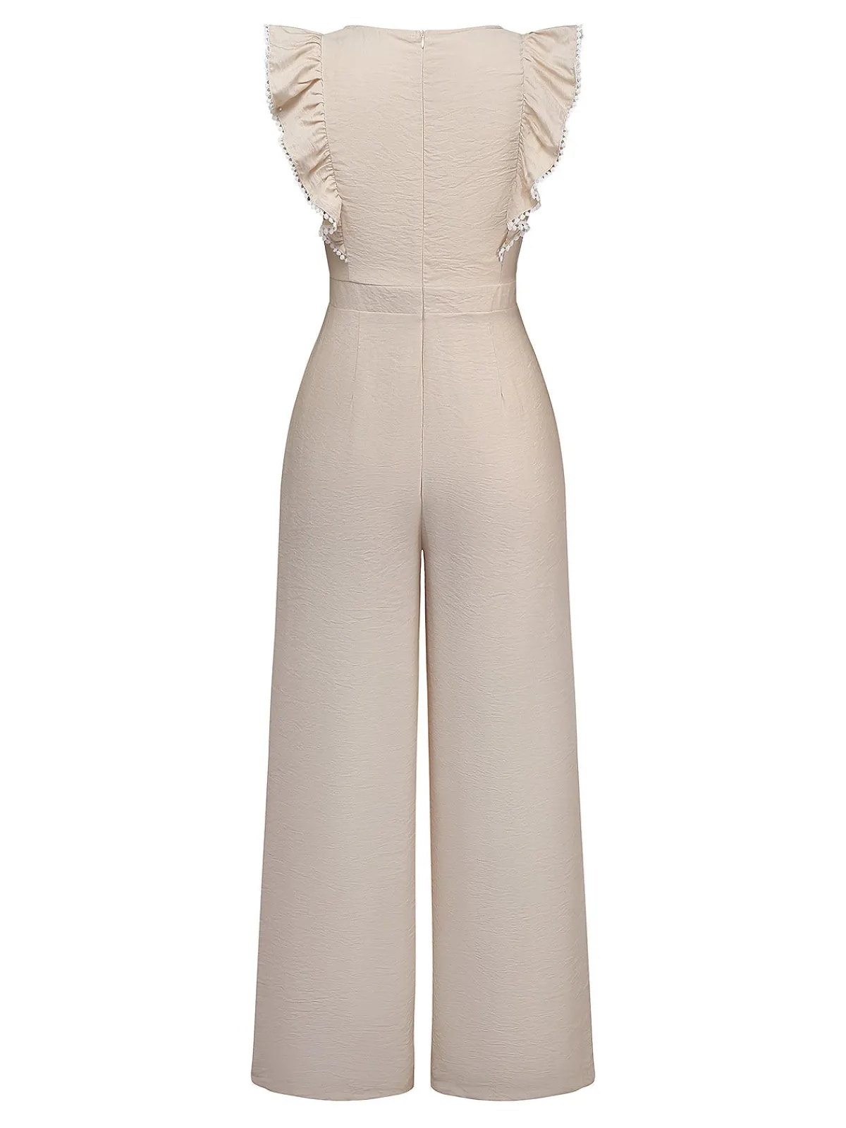 Outlet Retro Stage 1950s Solid Ruffled Cap Sleeves Jumpsuit Beige
