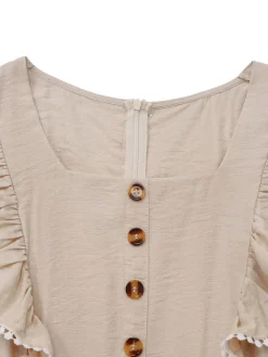 Outlet Retro Stage 1950s Solid Ruffled Cap Sleeves Jumpsuit Beige