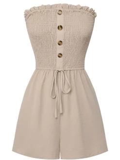 Discount Retro Stage 1950s Solid Smocking Strapless Romper Beige