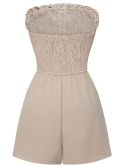 Discount Retro Stage 1950s Solid Smocking Strapless Romper Beige