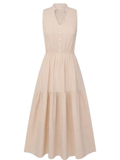 Hot Retro Stage 1940s Solid Stand Collar V-Neck Dress Beige
