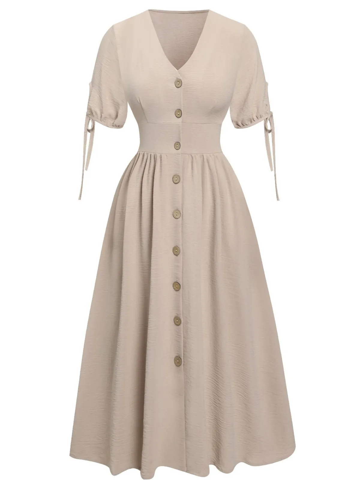 Discount Retro Stage 1940s Solid V-Neck Buttons Dress Beige