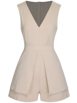 Sale Retro Stage 1950s Solid V-Neck Sleeveless Romper Beige