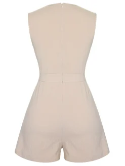 Sale Retro Stage 1950s Solid V-Neck Sleeveless Romper Beige
