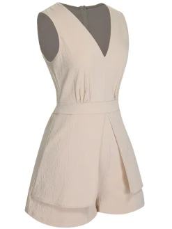 Sale Retro Stage 1950s Solid V-Neck Sleeveless Romper Beige