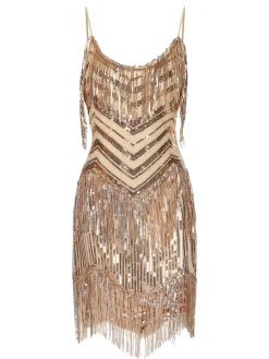Online Retro Stage 1920s Spaghetti Strap Fringe Sequins Party Dress Beige