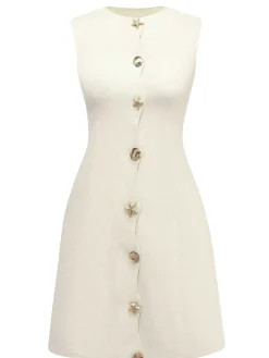 New Retro Stage 1960s Starfish Shell Buttons Sleeveless Dress Beige