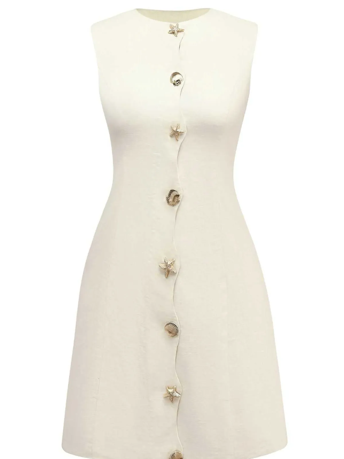 New Retro Stage 1960s Starfish Shell Buttons Sleeveless Dress Beige