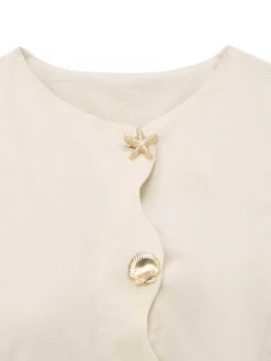 New Retro Stage 1960s Starfish Shell Buttons Sleeveless Dress Beige