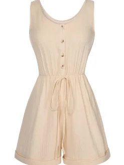Discount Retro Stage 1950s Strap Belted Sleeveless Romper Beige
