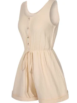 Discount Retro Stage 1950s Strap Belted Sleeveless Romper Beige