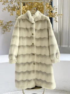 Hot Retro Stage Beige 1950s Stripe Faux Fur Plush Coat