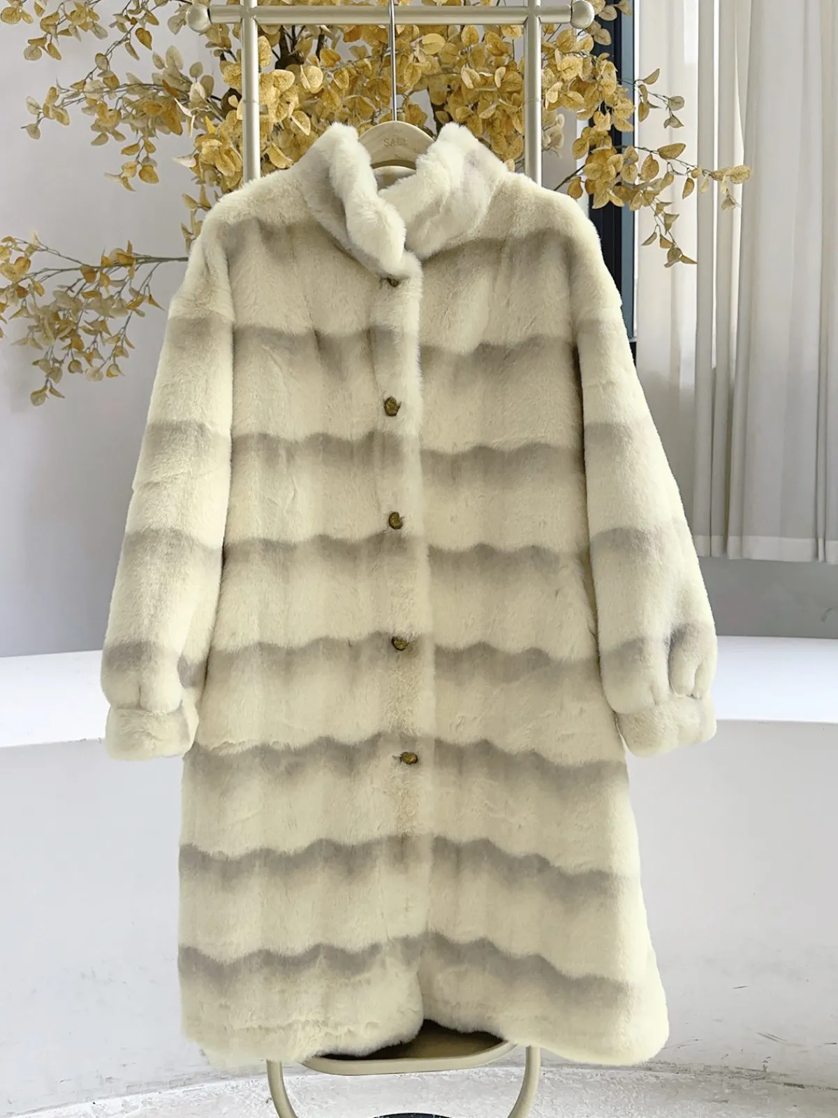 Hot Retro Stage Beige 1950s Stripe Faux Fur Plush Coat
