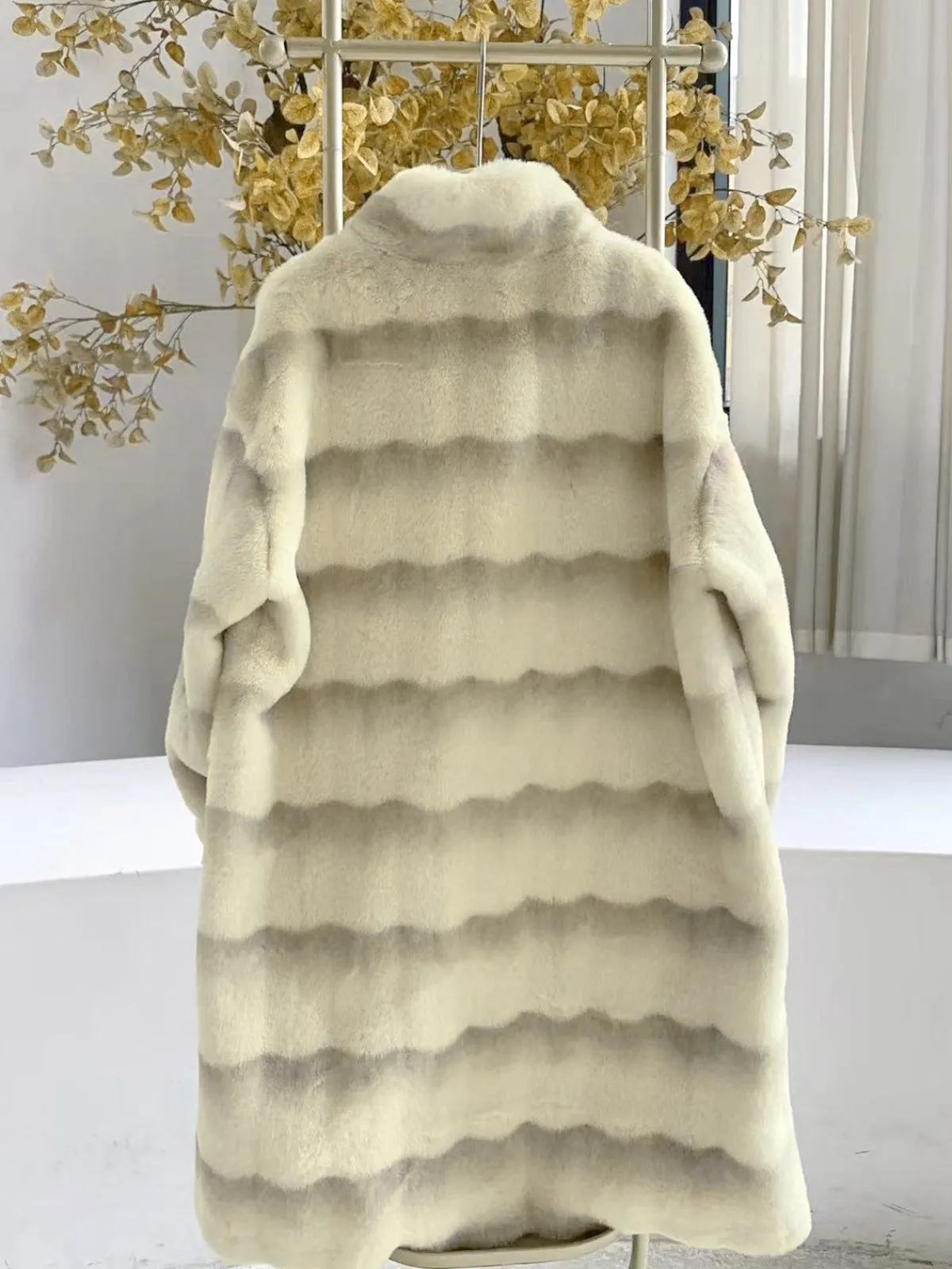 Hot Retro Stage Beige 1950s Stripe Faux Fur Plush Coat