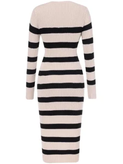 Best Retro Stage 1960s Stripe Knit Bodycon Dress Beige