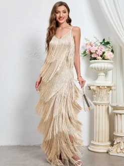 Outlet Retro Stage 1920s Tassel Spaghetti Straps Maxi Dress Beige