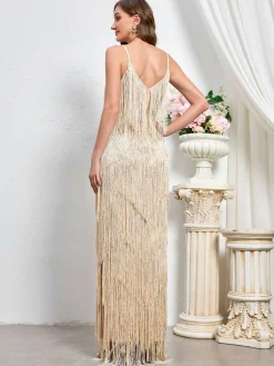 Outlet Retro Stage 1920s Tassel Spaghetti Straps Maxi Dress Beige