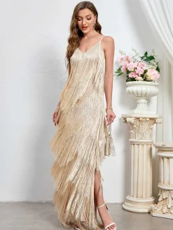 Outlet Retro Stage 1920s Tassel Spaghetti Straps Maxi Dress Beige