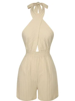 Outlet Retro Stage 1950s Texture Folds Cross Halter Romper Beige