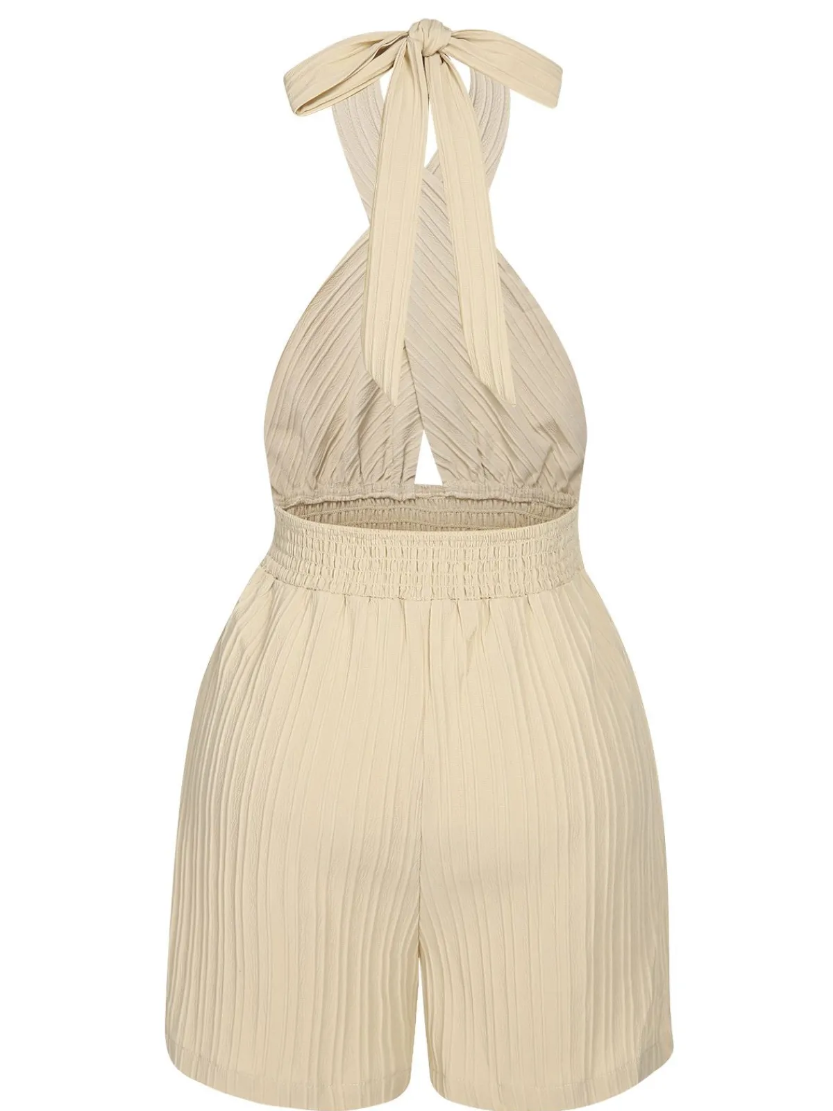Outlet Retro Stage 1950s Texture Folds Cross Halter Romper Beige