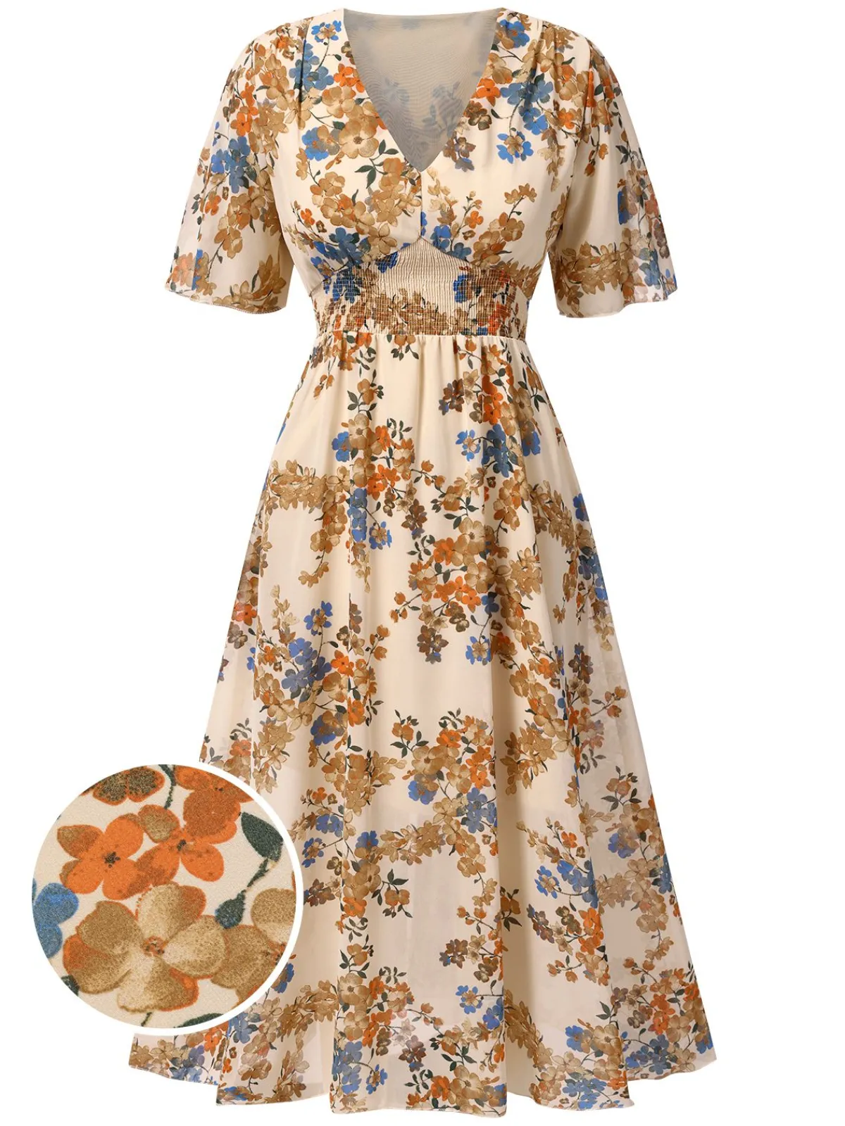 Online Retro Stage 1930s V-Neck Floral Elastic Waist Dress Beige