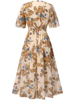 Online Retro Stage 1930s V-Neck Floral Elastic Waist Dress Beige