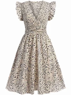 Outlet Retro Stage 1960s V-Neck Ruffled Ditsy Floral Dress Beige