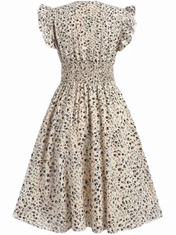 Outlet Retro Stage 1960s V-Neck Ruffled Ditsy Floral Dress Beige