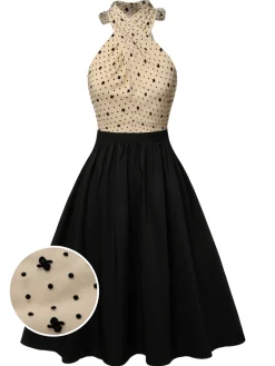 Clearance Retro Stage Beige& 1950s Cross Collar Mesh Dress Black