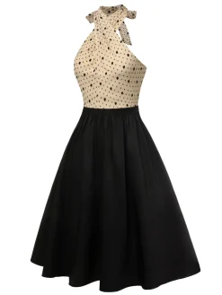 Clearance Retro Stage Beige& 1950s Cross Collar Mesh Dress Black