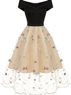 Clearance Retro Stage 1950s Floral Mesh Off-Shoulder Dress Black & Beige